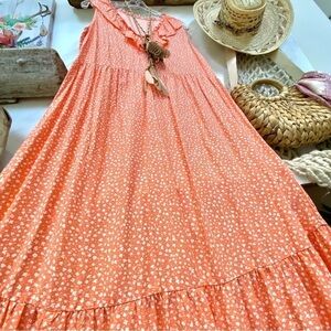 PRAIRIE VIBE Peach floral ruffled boho maxi dress w cottage granny vibe